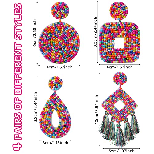 4 Pairs Statement Seed Bead Earrings Bohemian Tassel Beaded Drop Earrings Multicolored Square Bead Hoop Dangle Earrings Gift For Women Wedding Party Vacation #TOP2