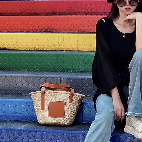 Image of Straw Basket Tote Bag for Women PU Leather Strap Hollow Woven Top Handle Straw Purses and Handbags