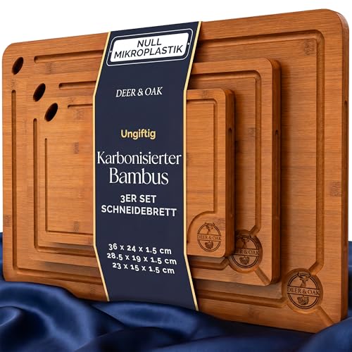 Deer & Oak 3-teiliges Schneidebrett-Set aus karbonisiertem Bambus vorgeölte Holz-Schneidebretter für die Küche mit Aufhängeloch 260C karbonisierte Technologie Charcuterie-Servierbretter