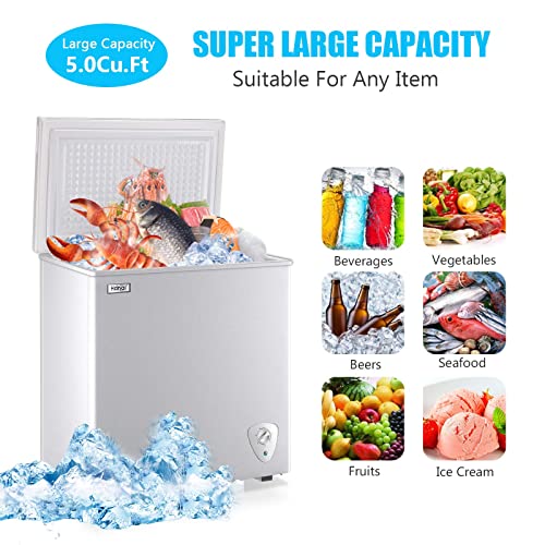 5.0 Cubic Feet Deep Chest Freezer Compact Freezers with Adjustable Thermostat Top Open Door with Removable Storage Basket for Home Kitchen and Bar