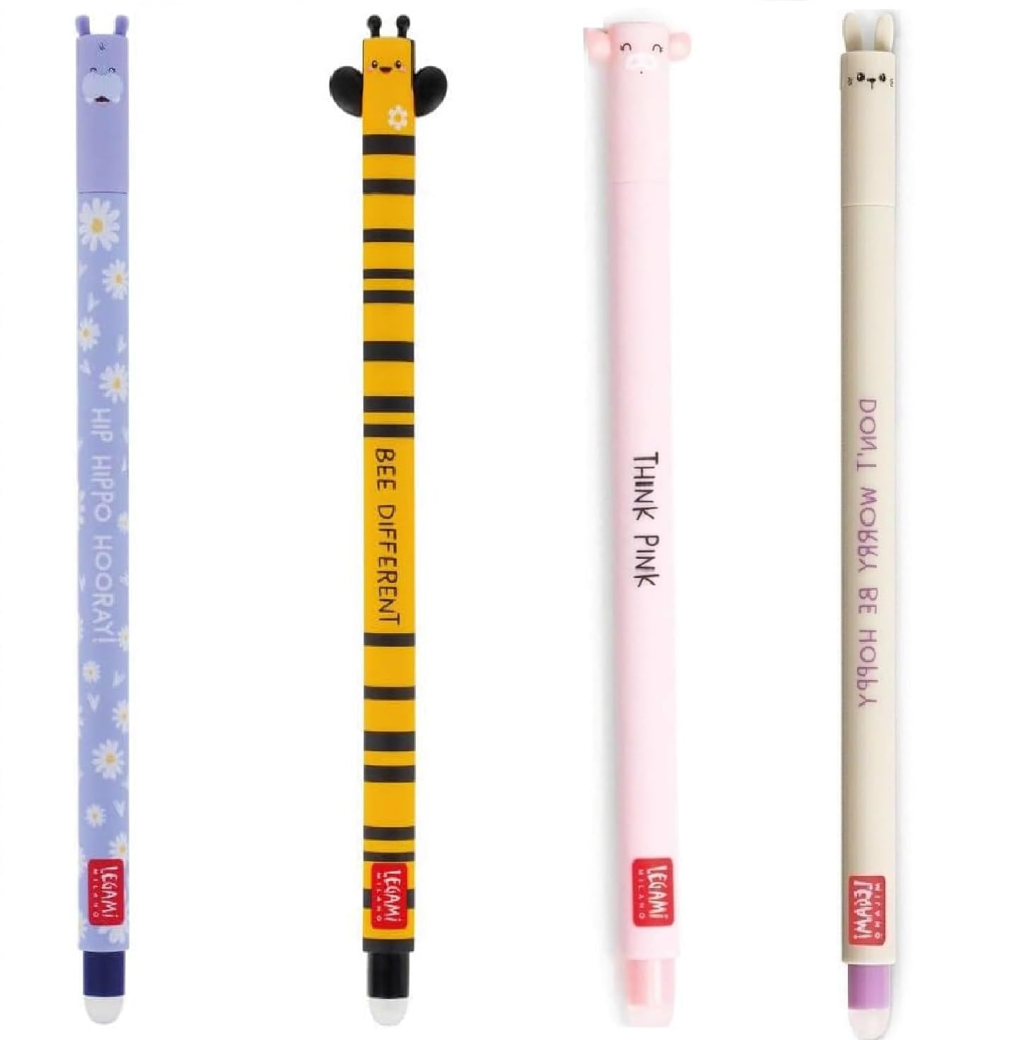 tinta unita Legami - Bolígrafos de gel borrables (4 unidades, tinta termosensible, punta de 0,7 mm, hippo azul, abeja negra, cerdo rosa, conejito morado)