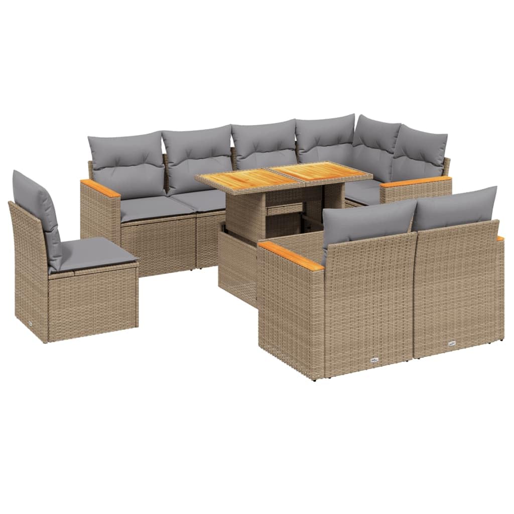 Set Divano da Giardino 9 pz con Cuscini Beige in Polyrattan,Set di Conversazione per Patio,Set Salotto da Esterno,Set Divano da Giardino Esterno-3273173