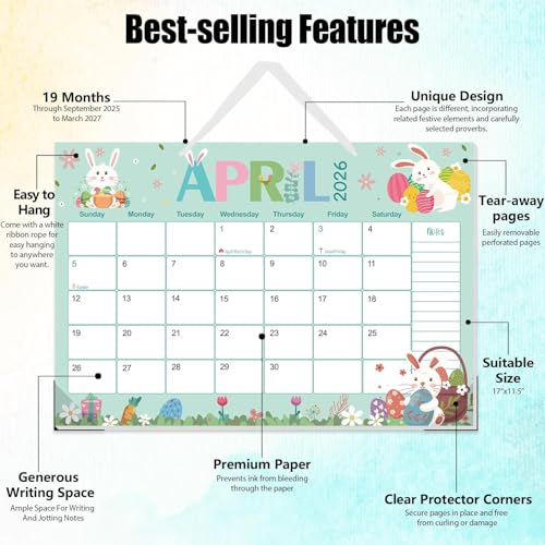 Image of GuassLee Desk Calendar 2026 - Colorful Desk Calendar from Sep. 2025-Mar. 2027, 17 x 11.5 inches, 19 Monthly Calendar with Hanging Rope, Notes and Large Ruled Blocks for Home School Office