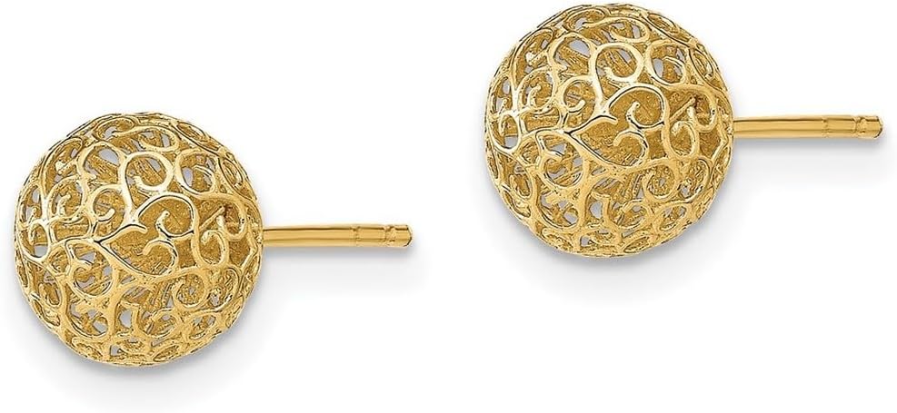 14k Gold 7.75mm Filigree Ball Post Earrings 7.75x7.75mm Wide Ball Earring for Women