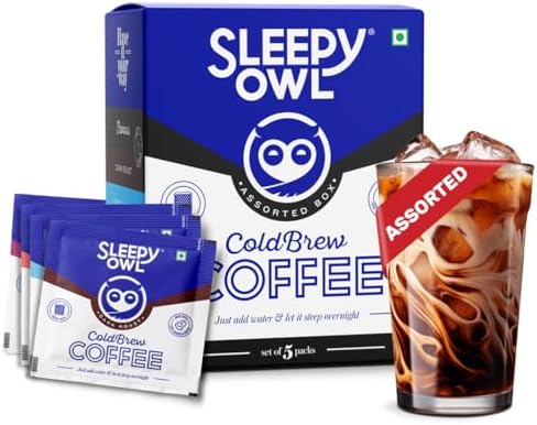 Sleepy Owl Assorted Cold Brew Coffee Bags | 5 Delicious Flavours - French Vanilla, Dark Roast, Cinnamon, Hazelnut, Original | Easy 3 Step Overnight Brew - No Equipment Needed | Makes 15 Cups | 100% Arabica