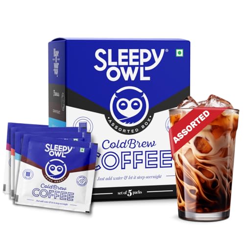 Image of Sleepy Owl Assorted Cold Brew Coffee Bags | 5 Delicious Flavours - French Vanilla, Dark Roast, Cinnamon, Hazelnut, Original | Easy 3 Step Overnight Brew - No Equipment Needed | Makes 15 Cups | 100% Arabica