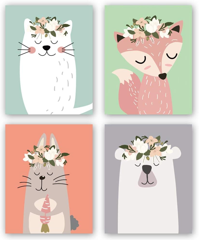 Nursery Forest Animals Prints Set of 4(8”X10”,Woodland Animals with Cat, Fox, Bear, Rabbit Canvas Art Print Poster, Kids Room Educational Decor, Wall Pictures for Living Room Home Decor, No Frame