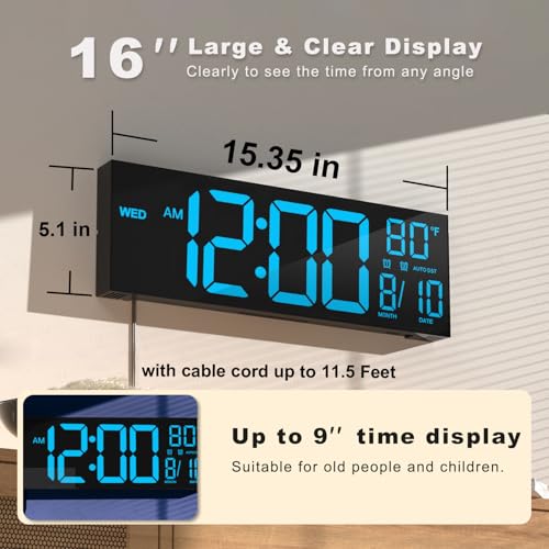 Image of JALL 16 inch Large Digital Wall Mount Clock, Count Down Timer, Alarm, Big LED, DST, Temperature for Living Room Classroom Desk, Xmas, Birthday Gift for Senior Men Women Mom Dad, Blue