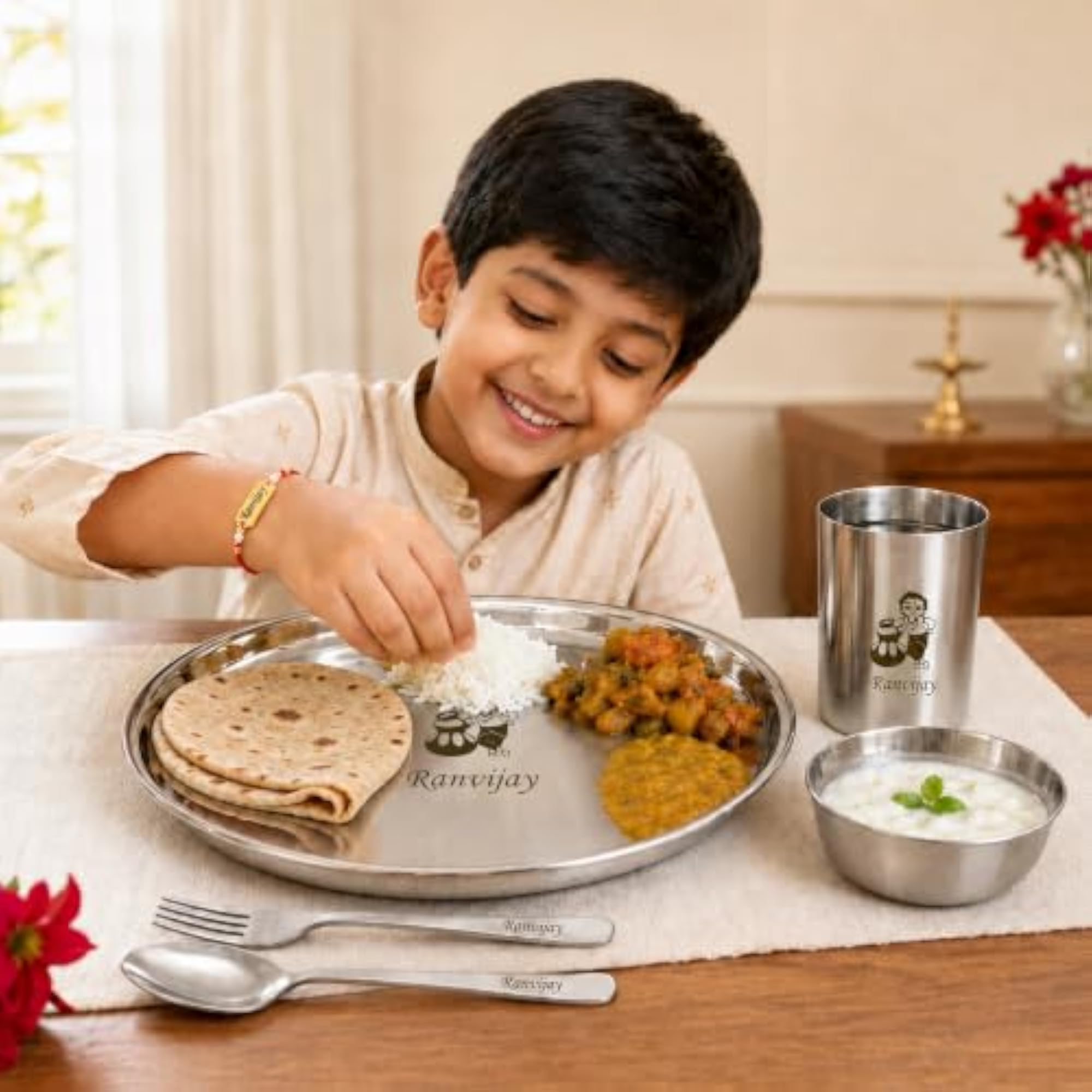 Personalized Stainless Steel Kids Meal Set with Name Engraved Rakhi