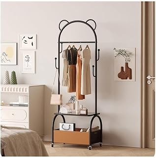 XJOYSL7921 Coat Rack Floor-Standing Coat Rack Iron Movable Household Dirty Clothes Basket Clothes Rack High-end Coat Rack Tree Hat Hanger Holder(Black)