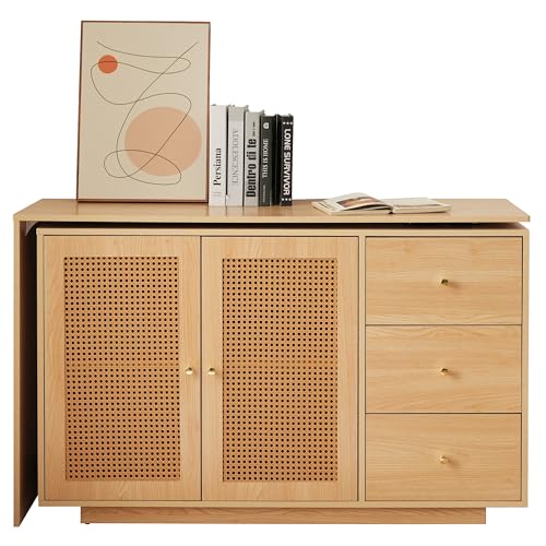 boorbin Escritorio en forma de L de esquina, mesa de ordenador con puertas de ratán, tocador blanco, 126 cm