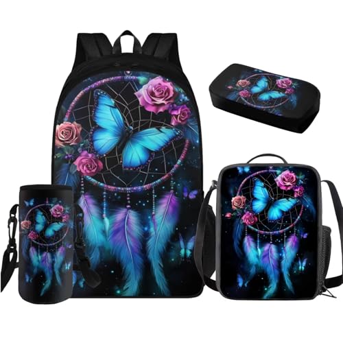 Dreamcatcher Butterfly Backpack for Girls 12-14 Aesthetic Girls Backpack with Lunch Box Pencil Case Water Bottle Sleeve for Elementary Middle School Teens Bookbag Set of 4 Pcs2