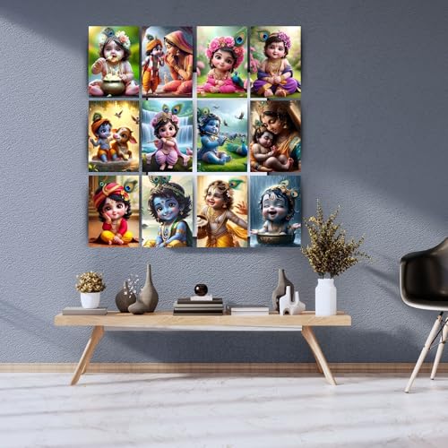 Image of Posters Inc Set of 12 Bal Krishna Stickers - Bal Gopal Cute Baby Posters for Pregnant Women, Kanha Ji HD Print on 300 GSM A4 (8x12 Inch) with Glue Dots, God Posters for Wall Decor, Living Room, Bedroom