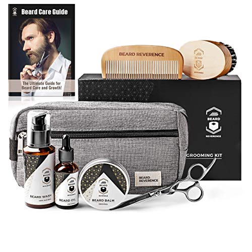 Beard Reverence Premium Beard Grooming Kit For Men Care W/Upgraded Travel Bag – All-Natural Beard Oil, Beard Balm Butter Wax, Beard Wash, Scissors, Comb, Boar Bristle Brush With Gift Set Box #TOP1