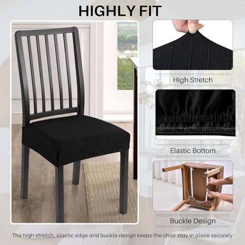 Image of SearchI Stretch Dining Chair Seat Covers Set of 4, Soft Removable Washable Seat Covers for Dining Chairs, Dining Room Seat Cover Protector (Rear-Covered, Check Jacquard Black)