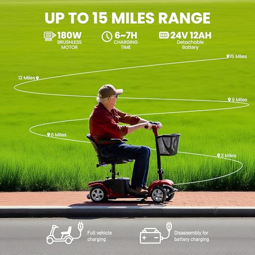 Image of Mobility Scooter for Seniors, Mobility Scooters for Adults, Powered Mobility Scooters, Foldable Motorized Electric Scooter for Adult, Lightweight Folding Electric Wheelchair, Load 300Lbs (R100 Red)