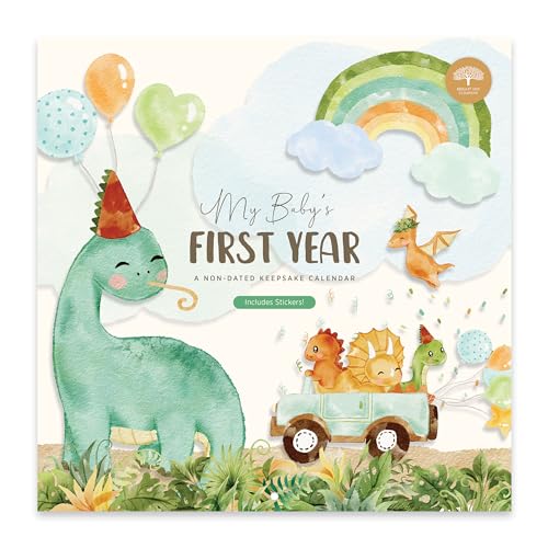 Baby’s First Year Calendar by Bright Day – 1st Year Tracker – Journal Album to Capture Precious Moments – Milestone Keepsake for Baby Girl or Boy, Dinosaur