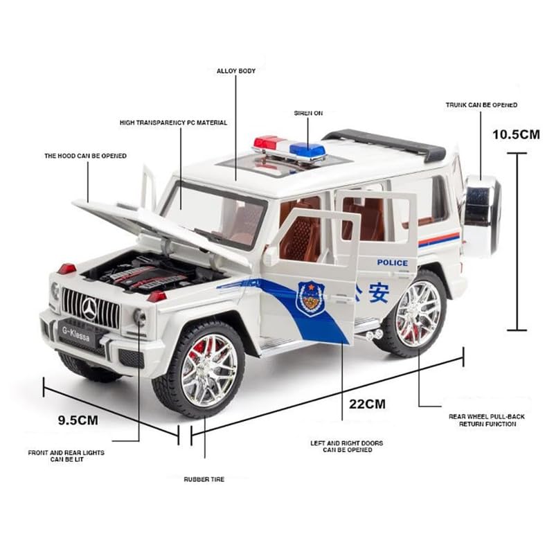 Image of Kids Model 1:24 G Wagon Jeep Police Die Cast Metal Car Pull Back Action Opening Doors with Realistic Engine Sound Lights Toy Car Gift for Boys - White