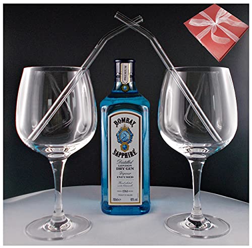 Geschenk Bombay Sapphire London Dry Gin + 2 Cocktailgläser + 2 Trinkhalme aus Glas