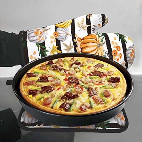 Oplp Autumn Orange Pumpkins Flowers Striped Oven Mitts And Pot Holders Heat Resistant Oven Mitts Safe For Baking Cooking Bbq #TOP6