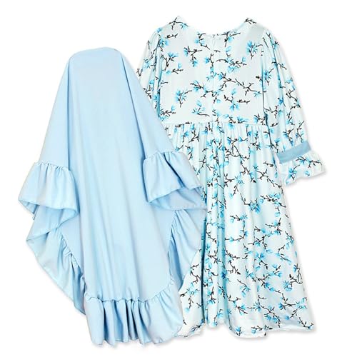 Lmdudan Muslim Clothes for Girls Kids Abaya Long Sleeve Dress with Cotton Hijab Islamic Kaftan Ramadan Prayer Dresses 2PCS2