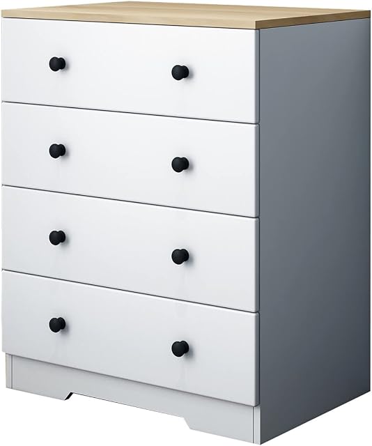 Senvoziii Chest of Drawers, 4 Drawers Cabinet Storage Organiser Unit with Metal Runners, Wood Bedside Table for Living Room Hallway Bedroom, White + Oak