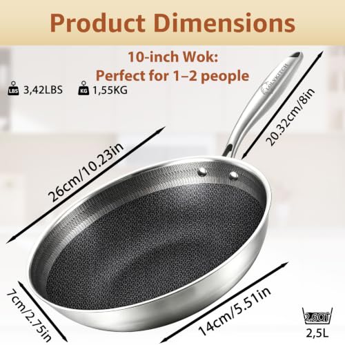 Image of LOLYKITCH Hybird Nonstick Wok Pan with Lid | 10-Inch | Rivented Handle | Non Toxic | Tri-Ply Stainless Steel | Ceramic Coating | Stir Fry Pan | Induction Compatible | Dishwasher & Oven Safe