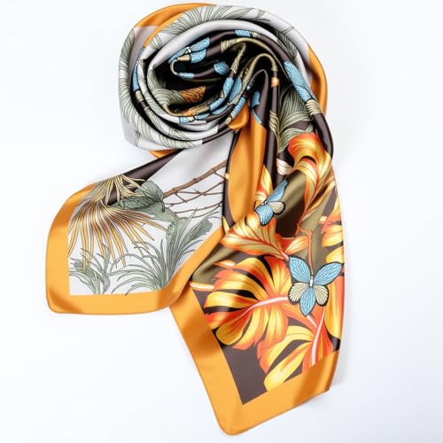 SATINIOR 35 Inch Silky Head Scarf 2 Pcs Large Square Neck Scarf Sleeping Hair Wrapping Satin Bandana for Women(Bronze,Bright Style)4