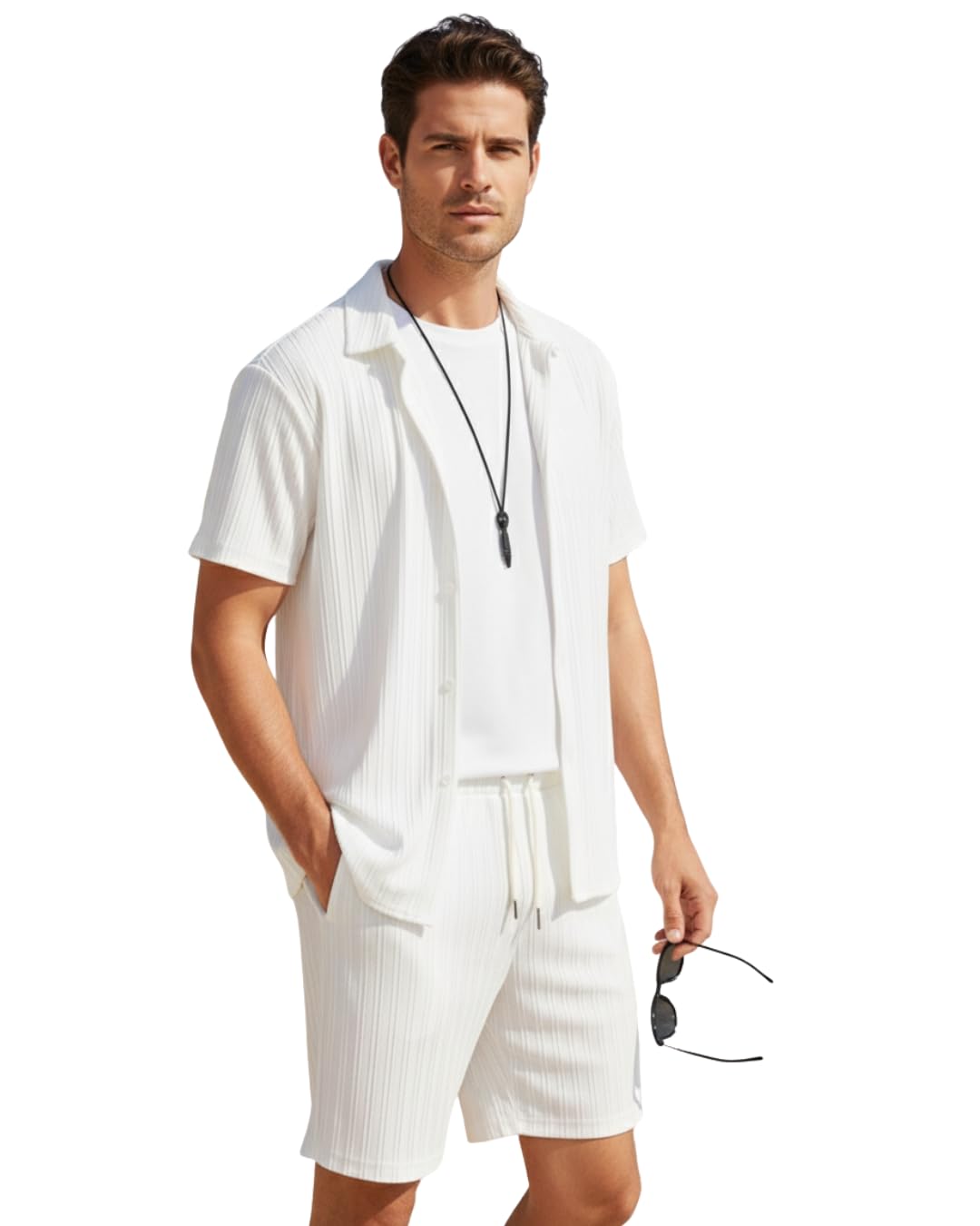 Men’s Polyester Co-Ord Set | Solid Short Sleeve Button-Down Shirt & Drawstring Shorts Combo | Casual Summer Wear, Lounge & Travel Outfit for Men-image-14