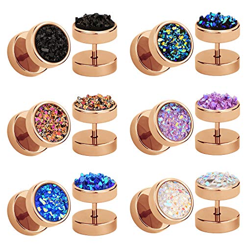 JFORYOU 6 Pairs Round Stud Earrings Stainless Steel Druzy Studs Earrings Set for Women Mens Faux Fake Cheater Ear Plugs Gauge Punk Style Rose Gold