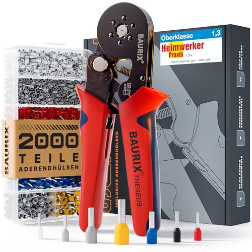 BAURIX® Sechskant Crimpzange mit 2000 Aderendhülsen Set I...