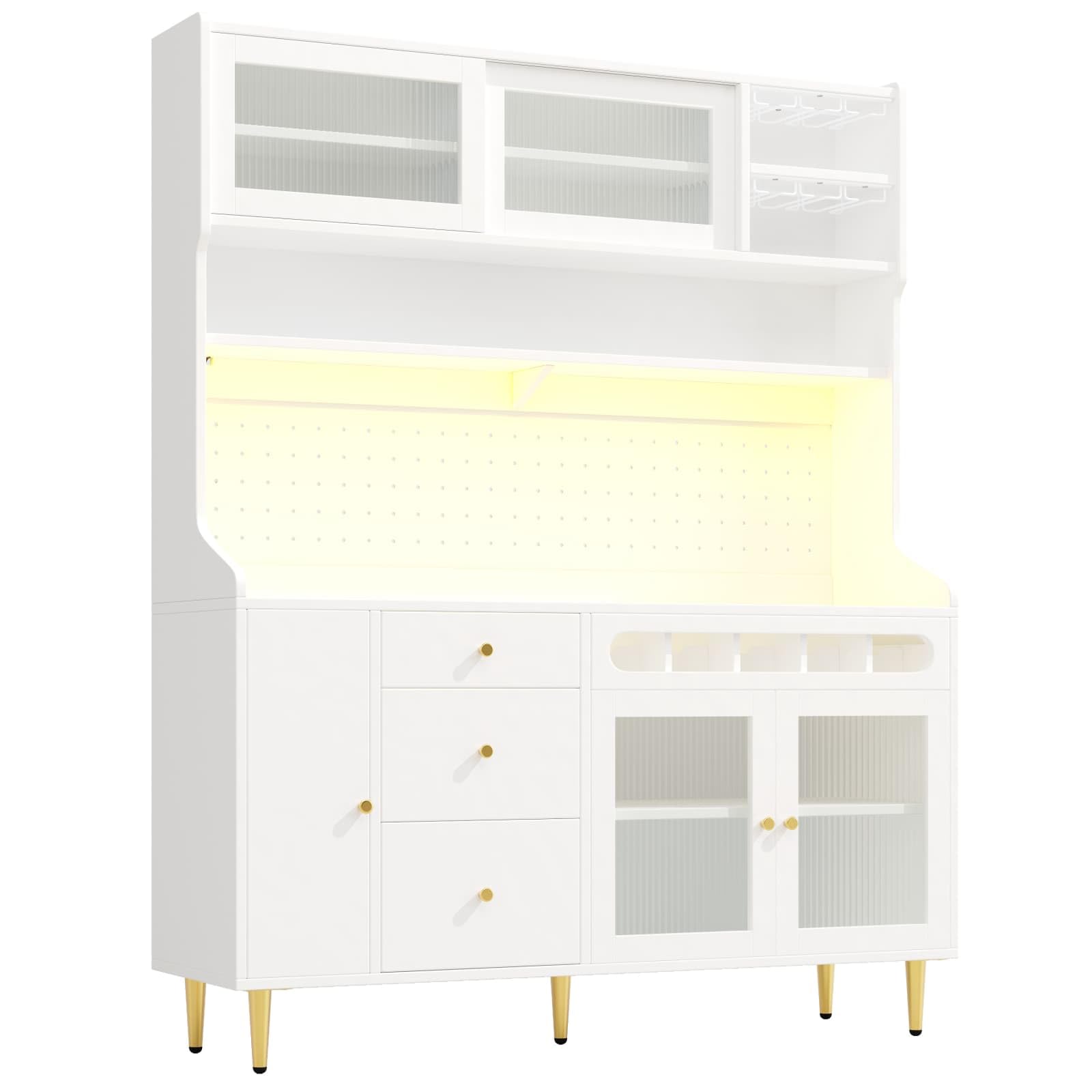 Buffet Salle a Manger,Buffet Haut de Cuisine,Armoire de Salon Moderne,Meuble de Rangemen avec étagères réglables et éclairage LED,Tiroir avec casier à Bouteilles,145x39x171cm (Blanc-A)