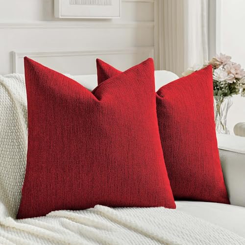 FUTEI Red Chenille Decorative Throw Pillow Covers 16x16 Inch Set of 2,Soft Cozy Faux Linen Textured Cushion Case,Farmhouse Home Decor for Couch Living Room