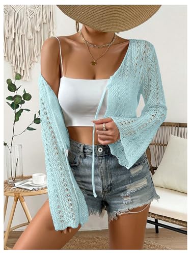 Image of Verdusa Women's Tie Front Crop Cardigan Bell Long Sleeve Scalloped Lightweight Knit Tops Summer Beach Cover Up