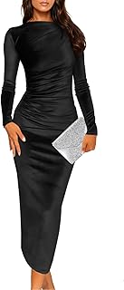 Women's Velvet Bodycon Midi Dress Long Sleeve Ruched Elegant Cocktail Pa...