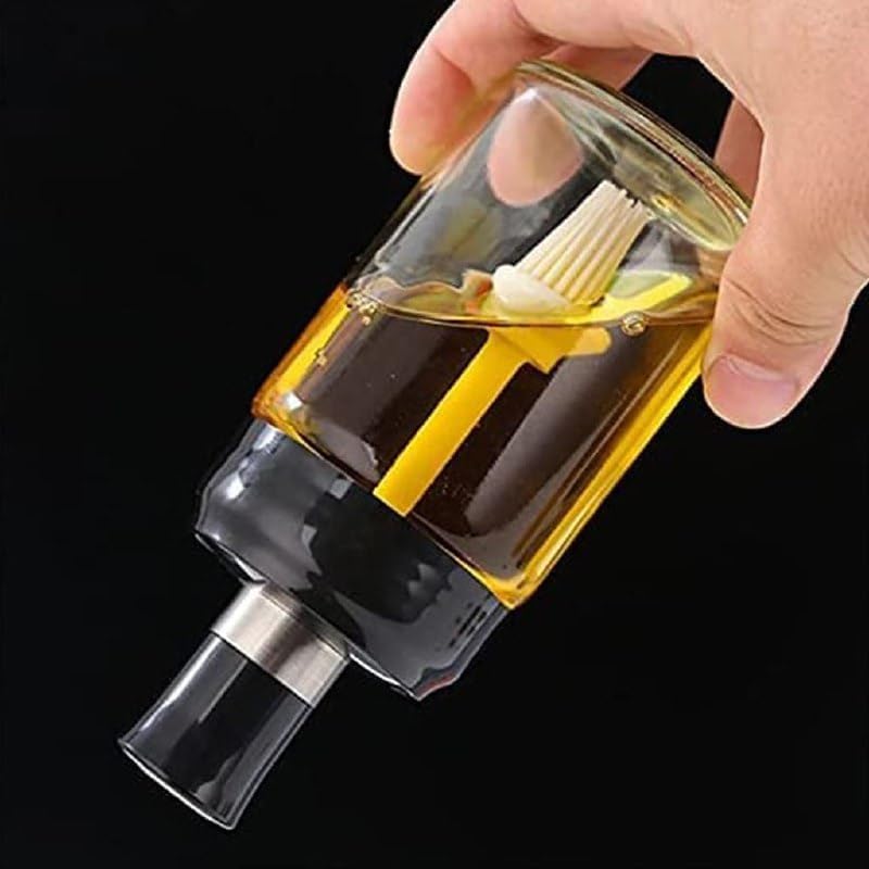 Image of Elegant Glass Oil Bottle with Brush 250ml, Oil Container Bottle for Kitchen, Glass Bottle with Brush for Cooking, Baking, BBQ, Marinating (Pack of 1, 260 ml)