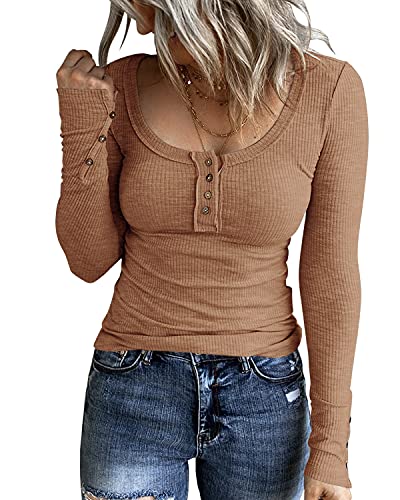 Image of KINLONSAIR Women Long Sleeve Henley Shirts Scoop Neck T-shirt Basic Tops