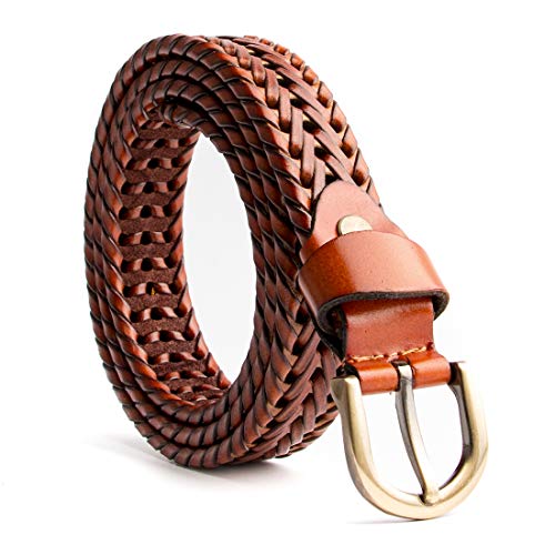 ECHAIN Women Braided Woven Genuine Leather Narrow Belt 25mm Wide (Brown, waist:35-40)