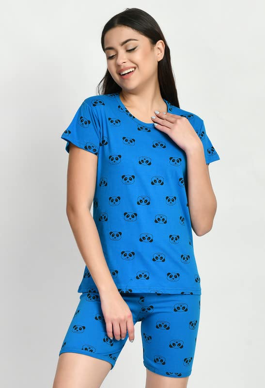 Image of IndiWeaves Cotton Printed Tops and Shorts Set Night Suit for Women (Pack of 3) Blue::Red::Dark Blue