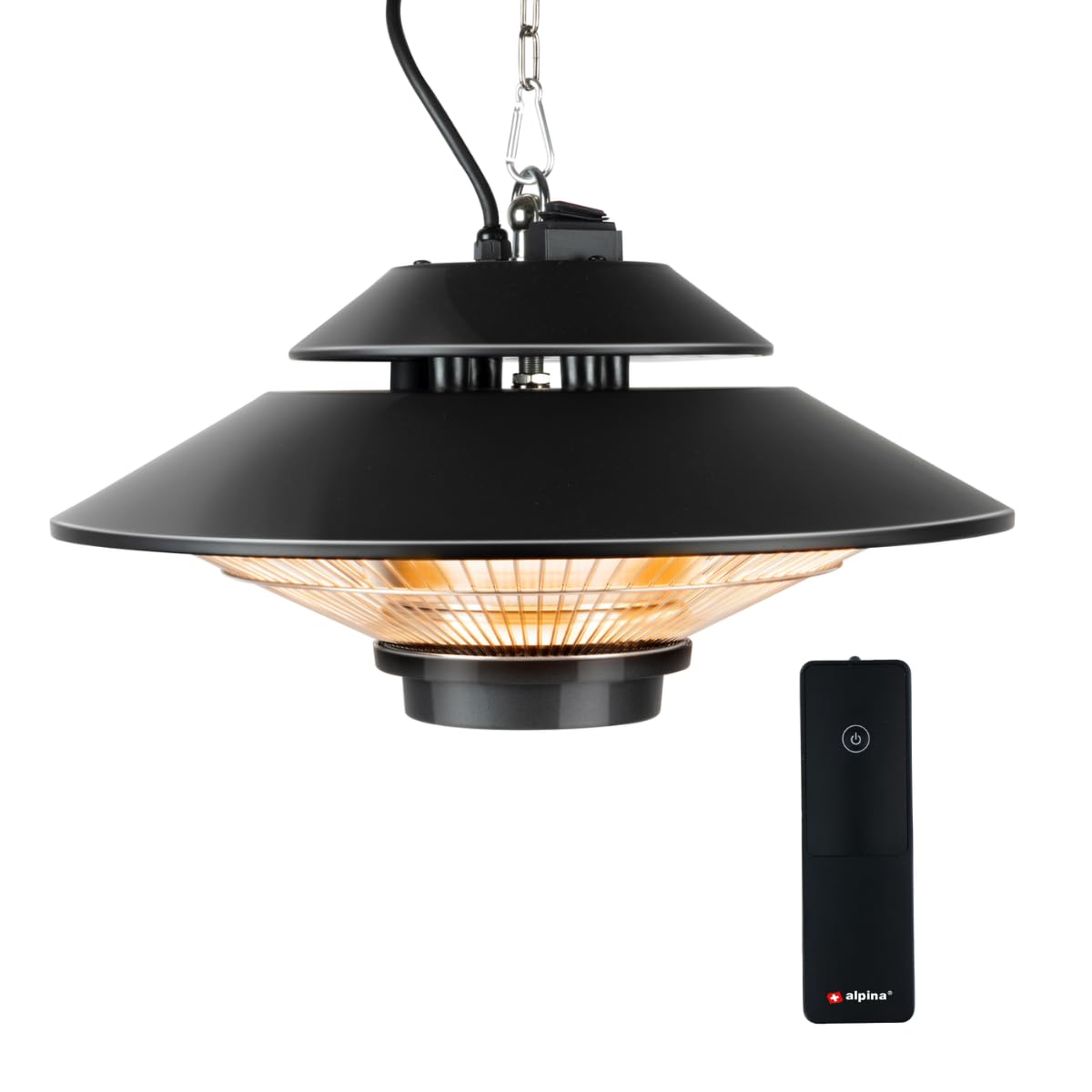alpina Chauffage Extérieur Terrasse 1500W – Chauffage Électrique Suspendu Rond Infrarouge avec Télécommande – Radiateur de Terrasse Intérieur/Extérieur, Noir