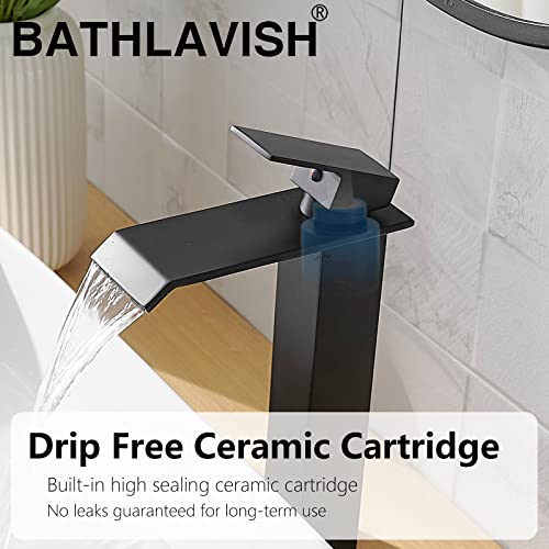 Bathlavish Black Vessel Sink Faucet, Matte Black Tall Bathroom Faucet, Waterfall Bathroom Faucet, Vessel Faucet Single Hole Single Handle Modern Vanity Rv With Pop Up Drain Without Overflow #TOP3
