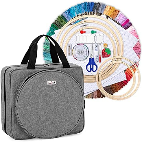 LoDrid Embroidery Kit, Embroidery Project Bag with Embroidery Kit, Portable Craft Carry Case with Starter Kit, Embroidery Supplies Storage Bag and Cross Stitch Kits for Beginners, Adults, Gray