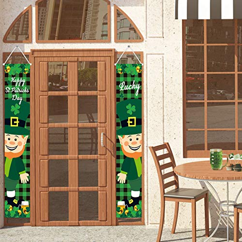 2 Pieces St Patrick\'s Day Porch Sign Happy St Patrick\'s Day and Lucky Hanging Banners for Holiday Home Indoor Outdoor Porch Wall St Patrick\'s Day Decoration(Black and Green Plaid) - Thumbnail 4
