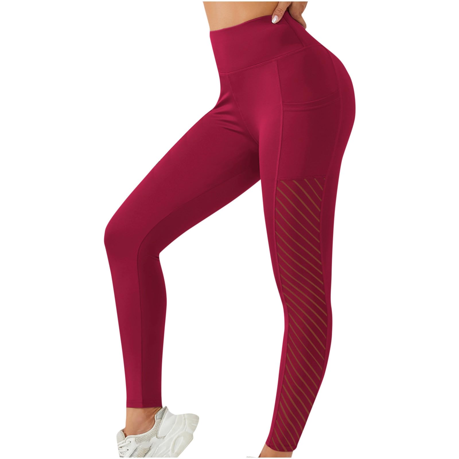 XUNRYAN Women's Yoga Pants Elastic High Waist Workout Leggings Soft Opaque Slim Tummy Control Pants for Running Cycling Wine