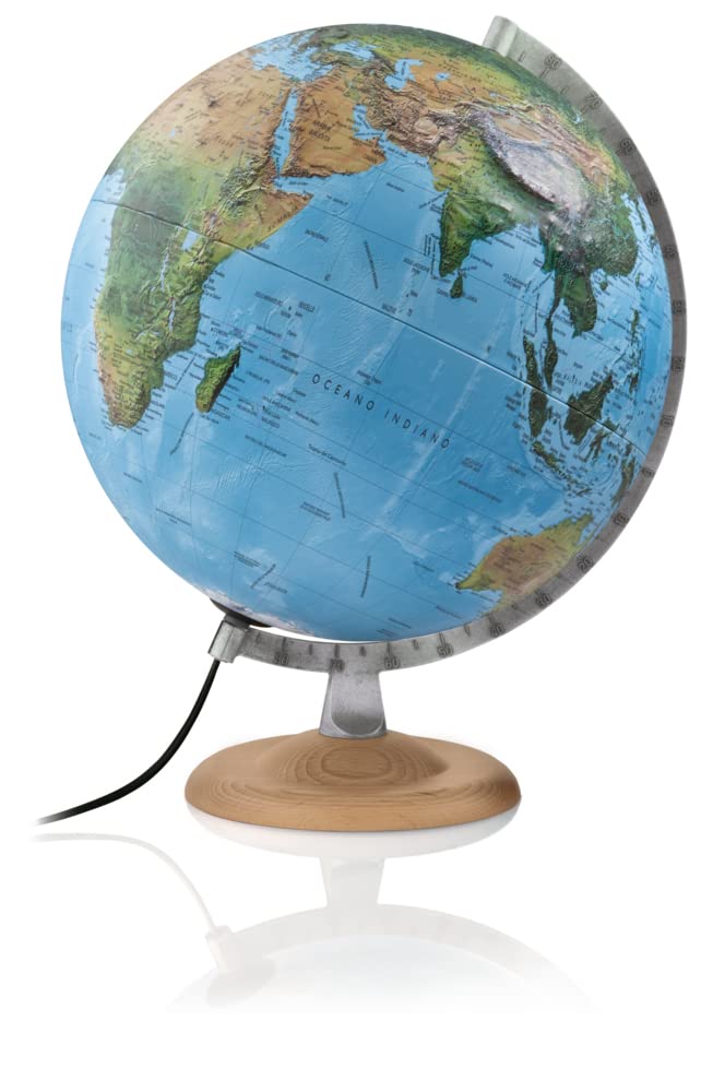 R4 silver: R4 silver - Globus mit 3-D-Oberfläche: 3-D-Doppelbild-Leuchtglobus 30 cm, silberfarb. Metallmeridian, Fuß Buche natur (Globus 3D-Oberfläche)