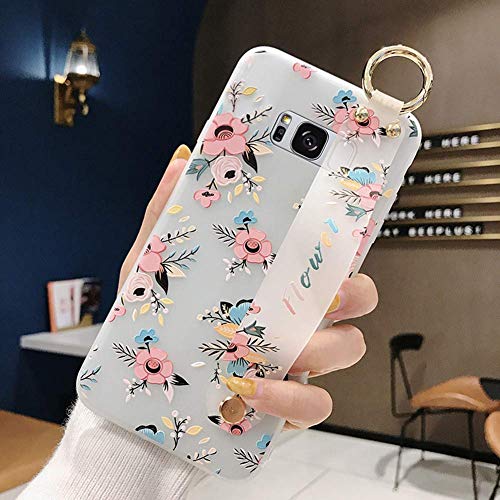 Robinsoni Case Compatible with Samsung Galaxy S8 Semi-Transparent Floral Flower Pattern Cover for Girls Women TPU Silicone Wrist-Band & Mental Ring Case Glitter Floral Cover Shockproof Bumper Case