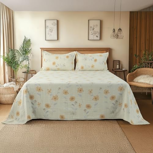Image of Cortina Cloud Cotton King Size Bedsheet with 2 Pillow Covers | Super Soft, Breathable & Skin-Friendly Bedsheet for Double Bed King Size with Boho Design | 270x250 cm (White & Yellow, King)