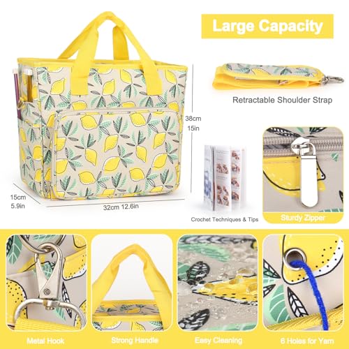 Image of Katech Crochet Bag with Beginner Crochet Books, Large Capacity Yarn Storage Organizer Crochet Tote Bag for Carry Projects Crochet Supplies Knitting Accessories, Yarn Storage Bag with Shoulder Strap
