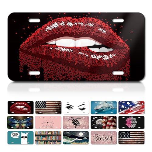 Decorative Front License Plate Cover, Rust-Proof Aluminum Car Vanity Tag, 6x12 Inch with 4 Holes,Personalise Noverlty License Plate Tag for Men & Women - Red Lip