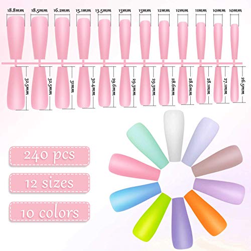 image for Maitys 240 Pieces 10 Colors Extra Long Colorful Matte False Nails Matt
